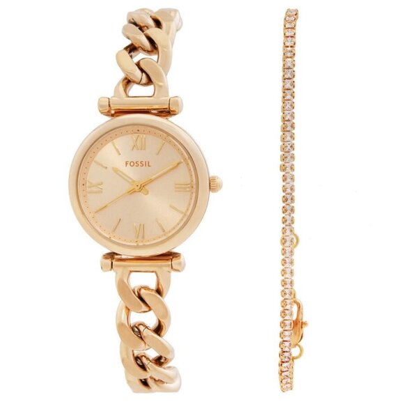 NWT Authentic Fossil Carlie Quartz Gold Dial Women's Watch and Bracelet Set - Picture 1 of 4